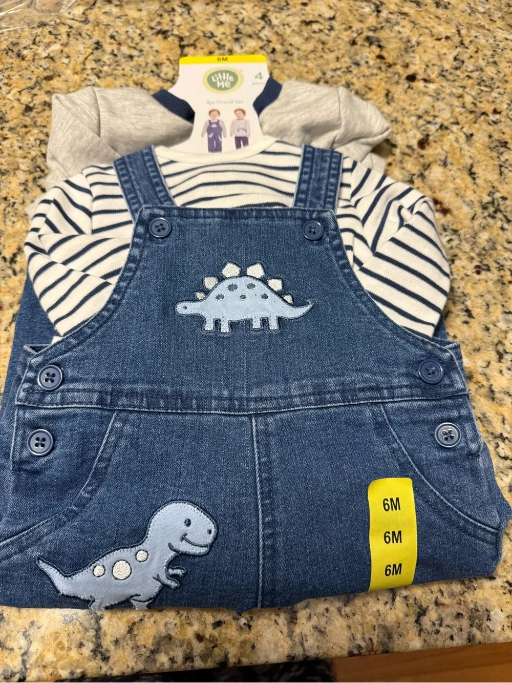 Striped Bodysuit with Denim Dinosaur Overalls- size 6 months. #7